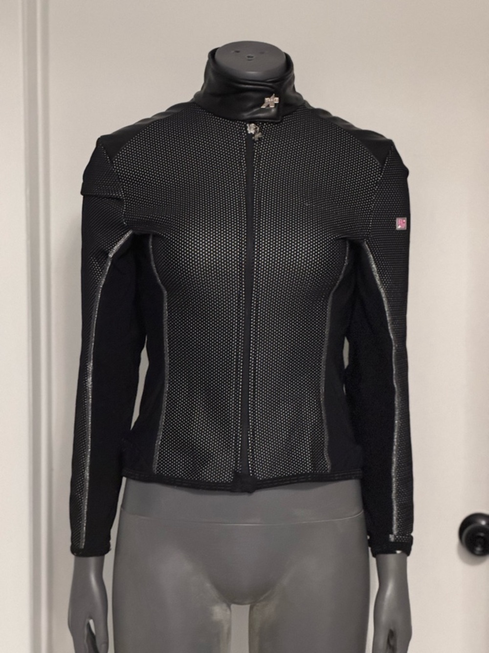 Black Textured Zip-Front Women's Faux Leather-Trim Jacket